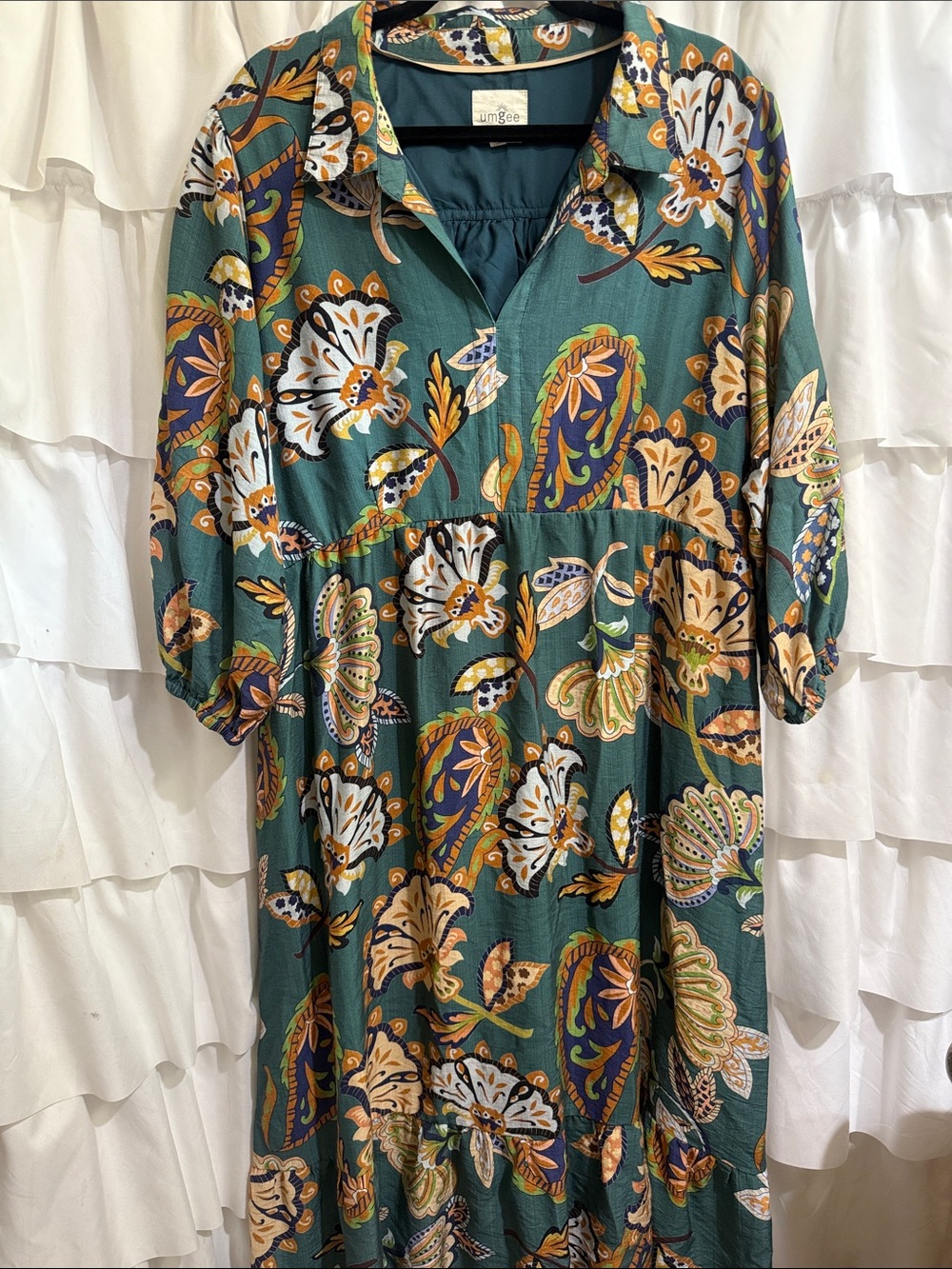 Umgee Teal Green Paisley Floral Midi Dress